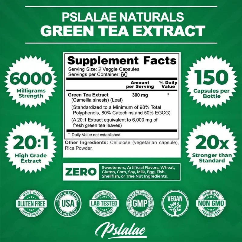 Green Tea Extract Capsules - Supports Energy Levels, Cleanses and Detoxifies The Intestines, Boosts Metabolism & Fat Burner