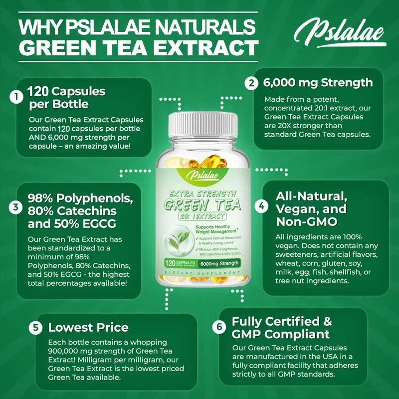 Green Tea Extract Capsules - Supports Energy Levels, Cleanses and Detoxifies The Intestines, Boosts Metabolism & Fat Burner